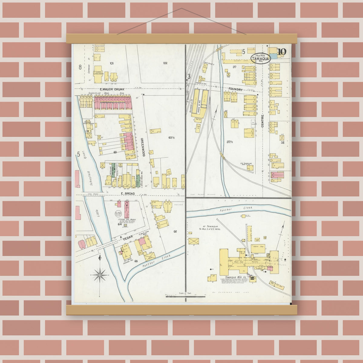 Old map wall art mockup — magnetic wood frame on brick wall — Sanborn Fire Insurance Map from Tamaqua, Schuylkill County, Pennsylvania (1902), Sheet #0010