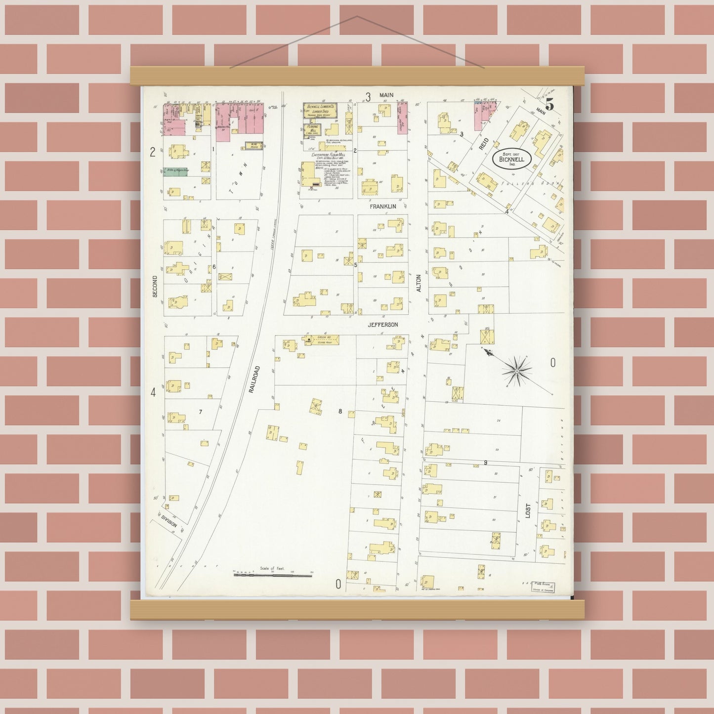 Old map wall art mockup — magnetic wood frame on brick wall — Sanborn Fire Insurance Map from Bicknell, Knox County, Indiana (1907), Sheet #0005