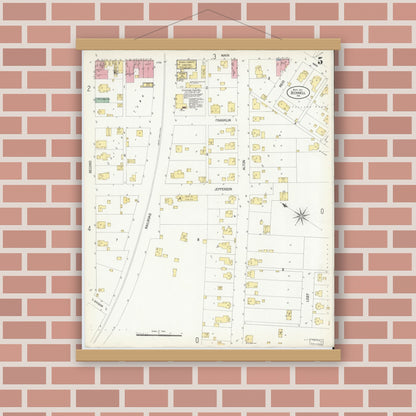 Old map wall art mockup — magnetic wood frame on brick wall — Sanborn Fire Insurance Map from Bicknell, Knox County, Indiana (1907), Sheet #0005
