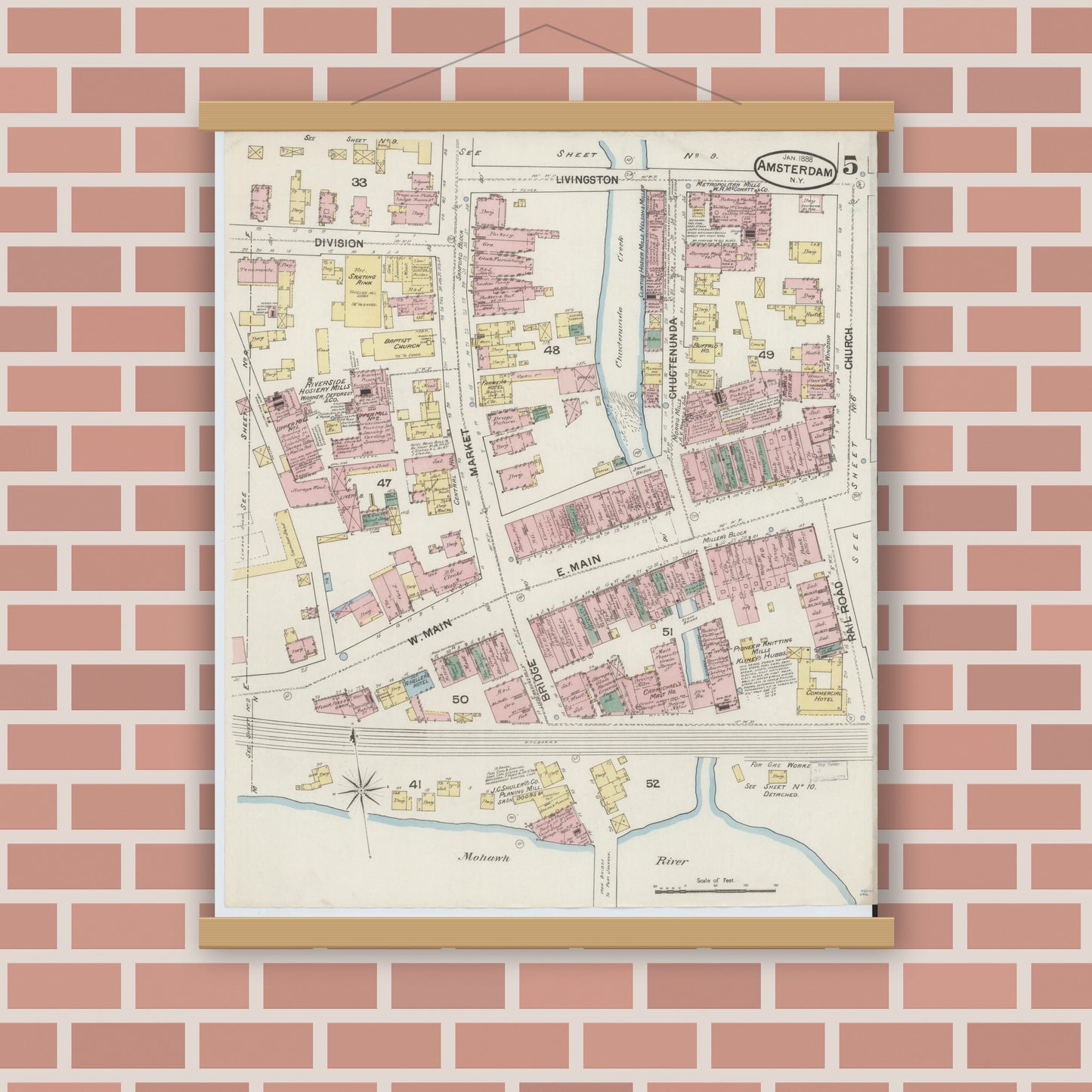 Old map wall art mockup — magnetic wood frame on brick wall — Sanborn Fire Insurance Map from Amsterdam, Montgomery County, New York (1888), Sheet #0005