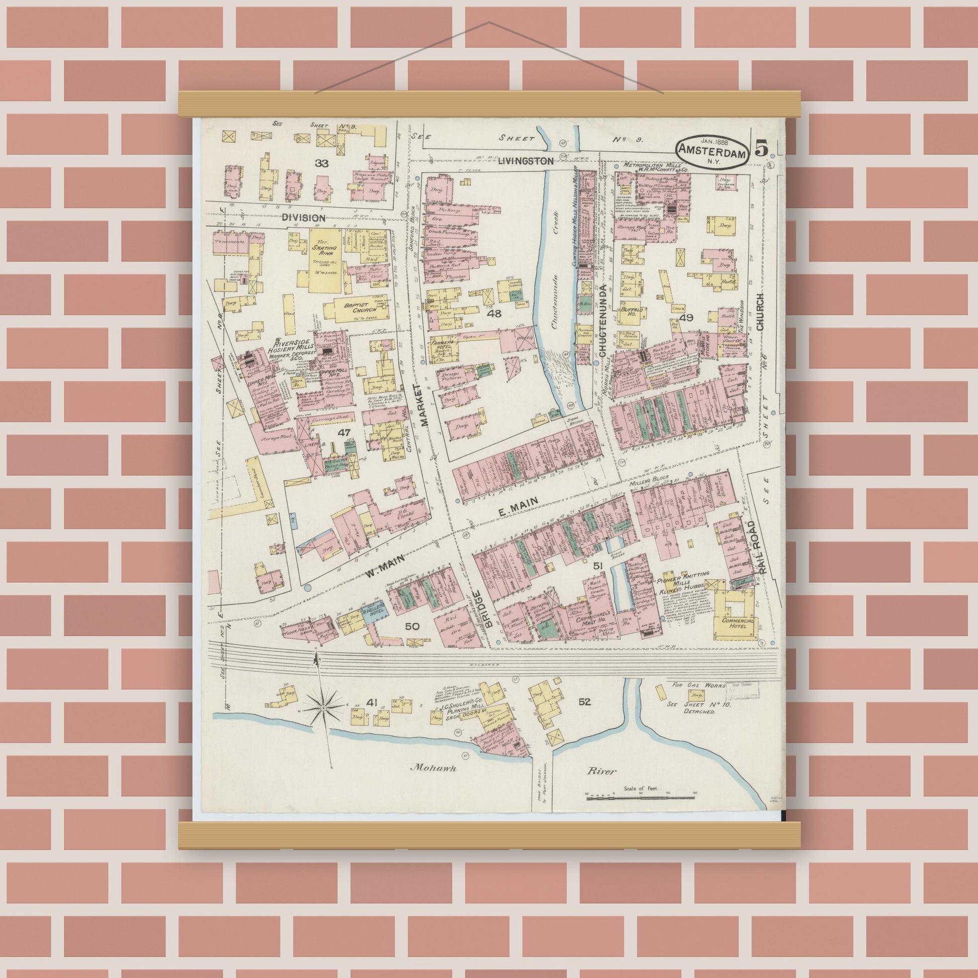 Old map wall art mockup — magnetic wood frame on brick wall — Sanborn Fire Insurance Map from Amsterdam, Montgomery County, New York (1888), Sheet #0005
