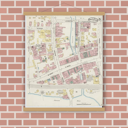 Old map wall art mockup — magnetic wood frame on brick wall — Sanborn Fire Insurance Map from Amsterdam, Montgomery County, New York (1888), Sheet #0005