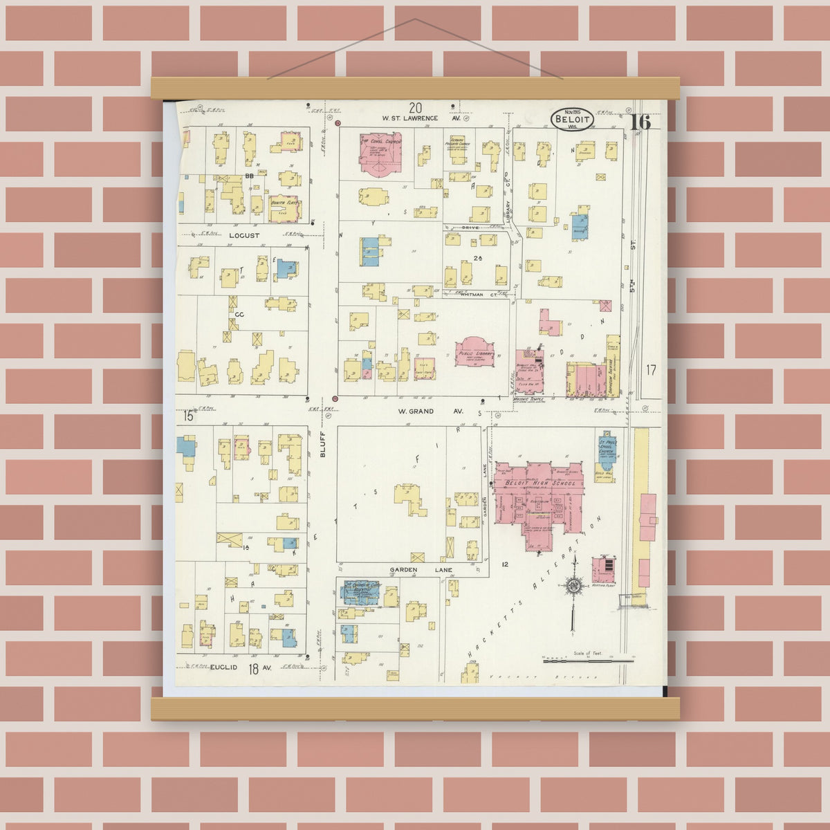 Old map wall art mockup — magnetic wood frame on brick wall — Sanborn Fire Insurance Map from Beloit, Rock County, Wisconsin (1915), Sheet #0016