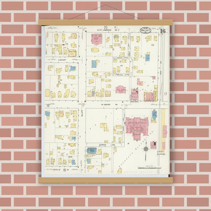 Old map wall art mockup — magnetic wood frame on brick wall — Sanborn Fire Insurance Map from Beloit, Rock County, Wisconsin (1915), Sheet #0016