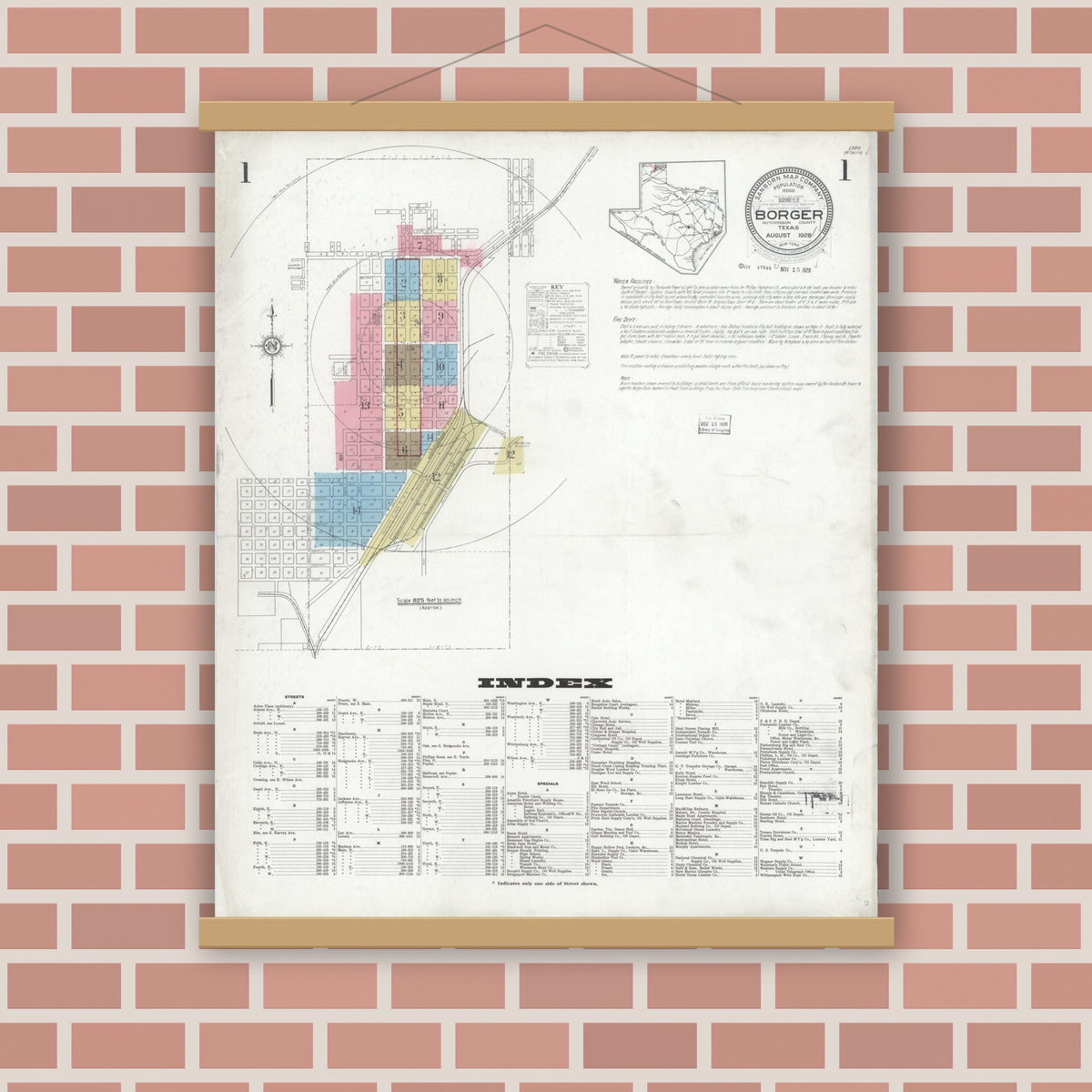 Old map wall art mockup — magnetic wood frame on brick wall — Sanborn Fire Insurance Map from Borger, Hutchinson County, Texas (1928) - Complete Map Set