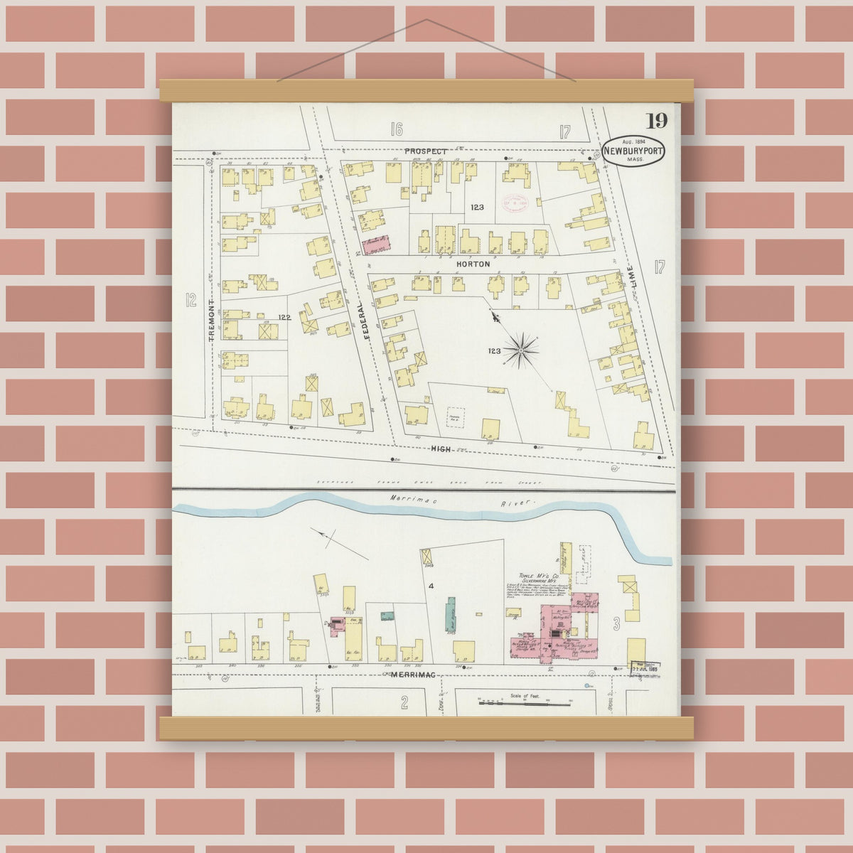 Old map wall art mockup — magnetic wood frame on brick wall — Sanborn Fire Insurance Map from Newburyport, Essex County, Massachusetts (1894), Sheet #0019