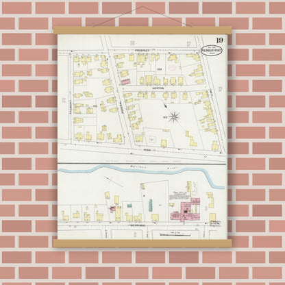 Old map wall art mockup — magnetic wood frame on brick wall — Sanborn Fire Insurance Map from Newburyport, Essex County, Massachusetts (1894), Sheet #0019