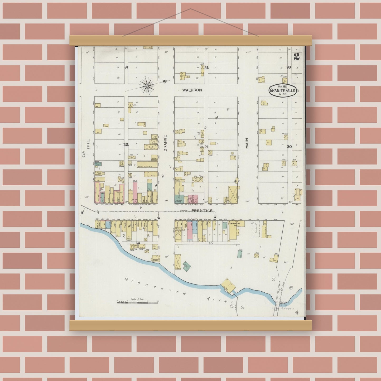 Old map wall art mockup — magnetic wood frame on brick wall — Sanborn Fire Insurance Map from Granite Falls, Yellow Medicine And Chippewa Counties, Minnesota (1893), Sheet #0002