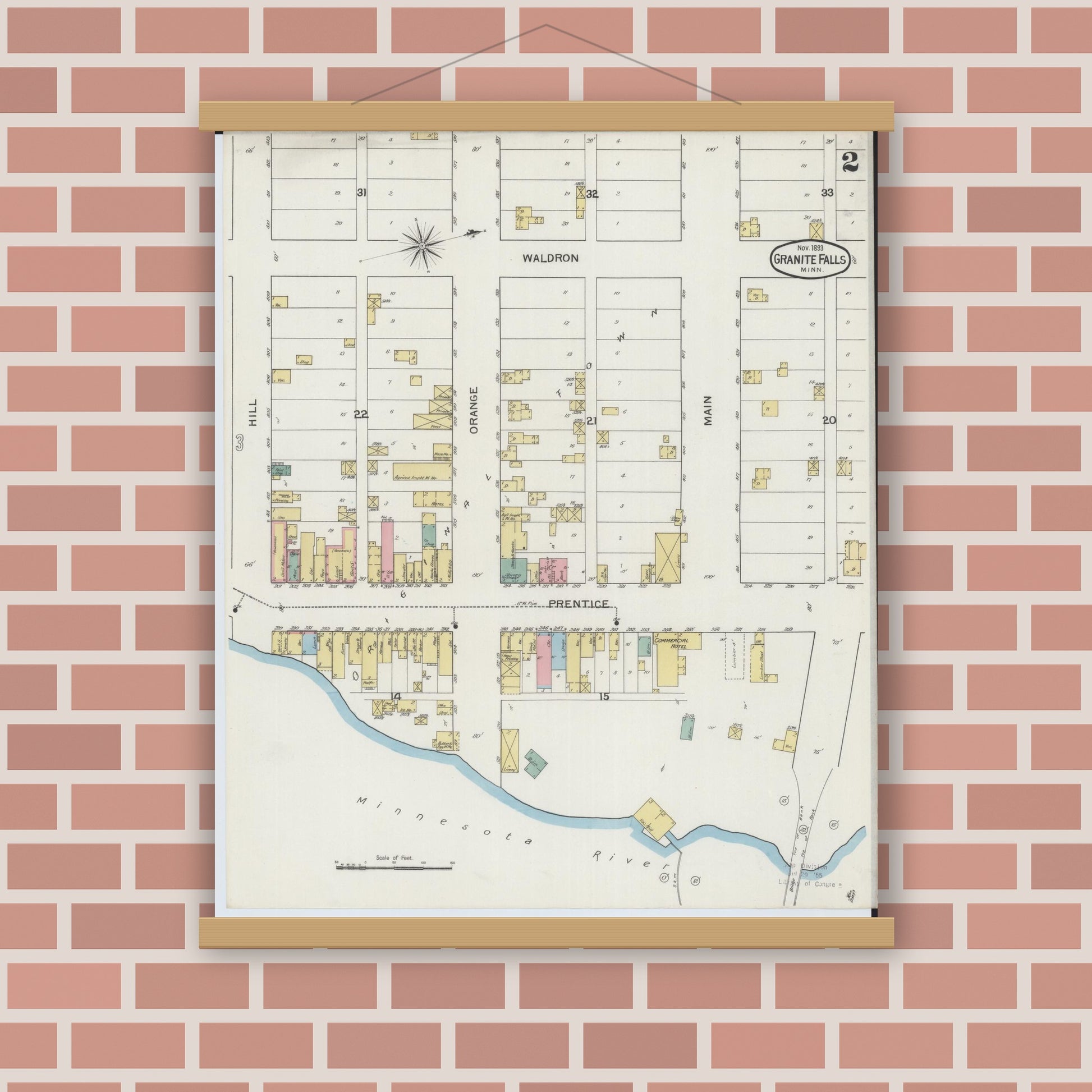 Old map wall art mockup — magnetic wood frame on brick wall — Sanborn Fire Insurance Map from Granite Falls, Yellow Medicine And Chippewa Counties, Minnesota (1893), Sheet #0002