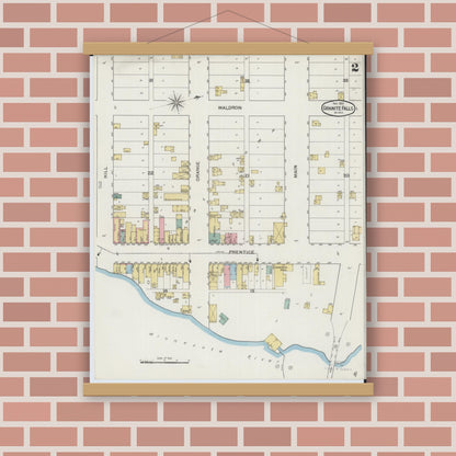 Old map wall art mockup — magnetic wood frame on brick wall — Sanborn Fire Insurance Map from Granite Falls, Yellow Medicine And Chippewa Counties, Minnesota (1893), Sheet #0002