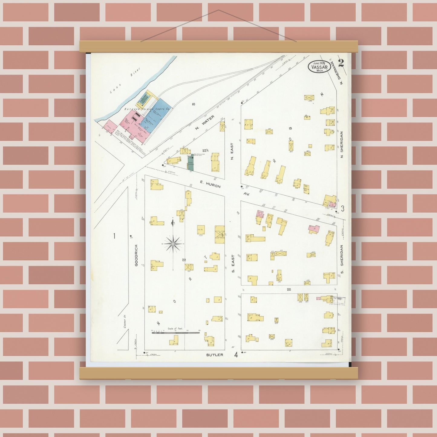 Old map wall art mockup — magnetic wood frame on brick wall — Sanborn Fire Insurance Map from Vassar, Tuscola County, Michigan (1909), Sheet #0002