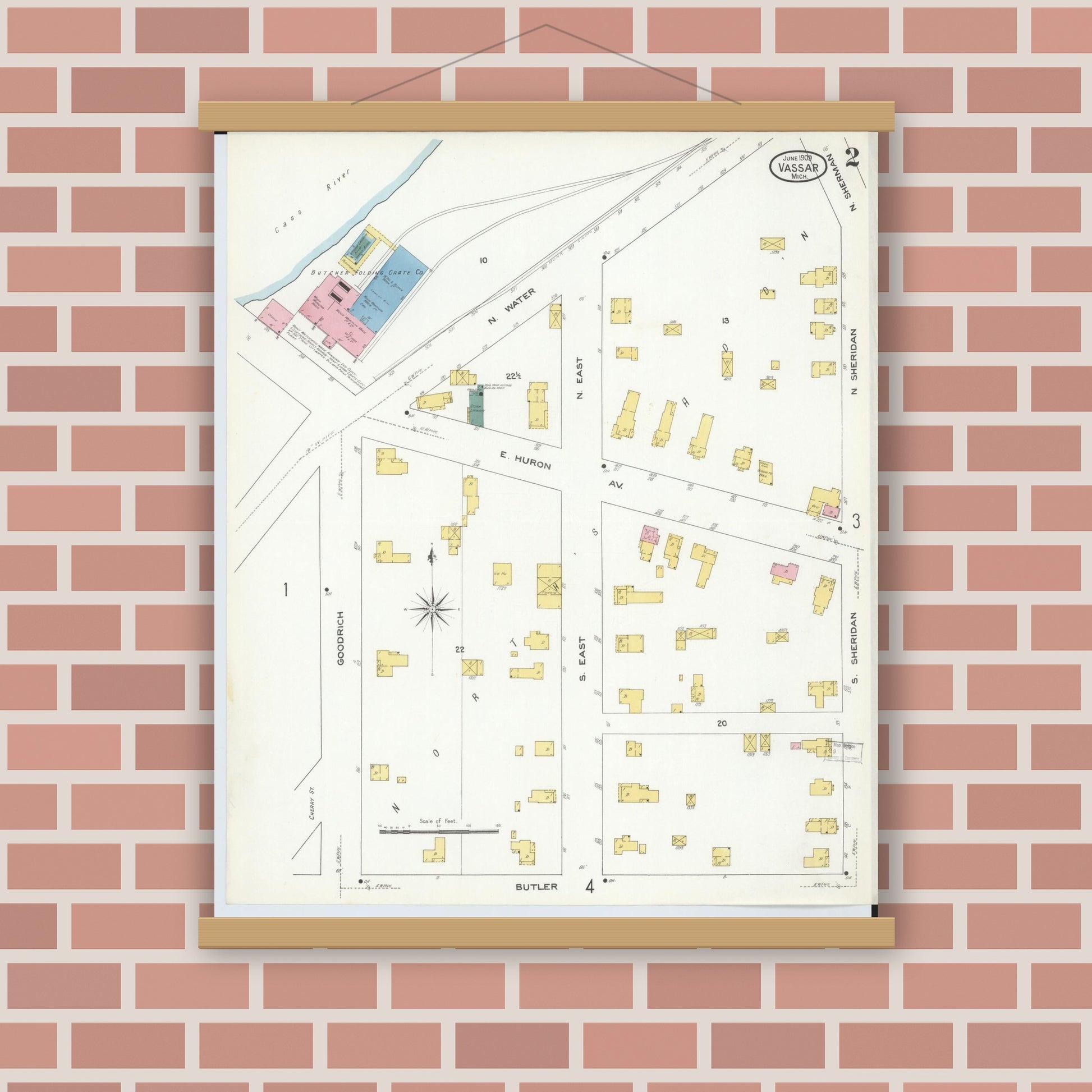 Old map wall art mockup — magnetic wood frame on brick wall — Sanborn Fire Insurance Map from Vassar, Tuscola County, Michigan (1909), Sheet #0002