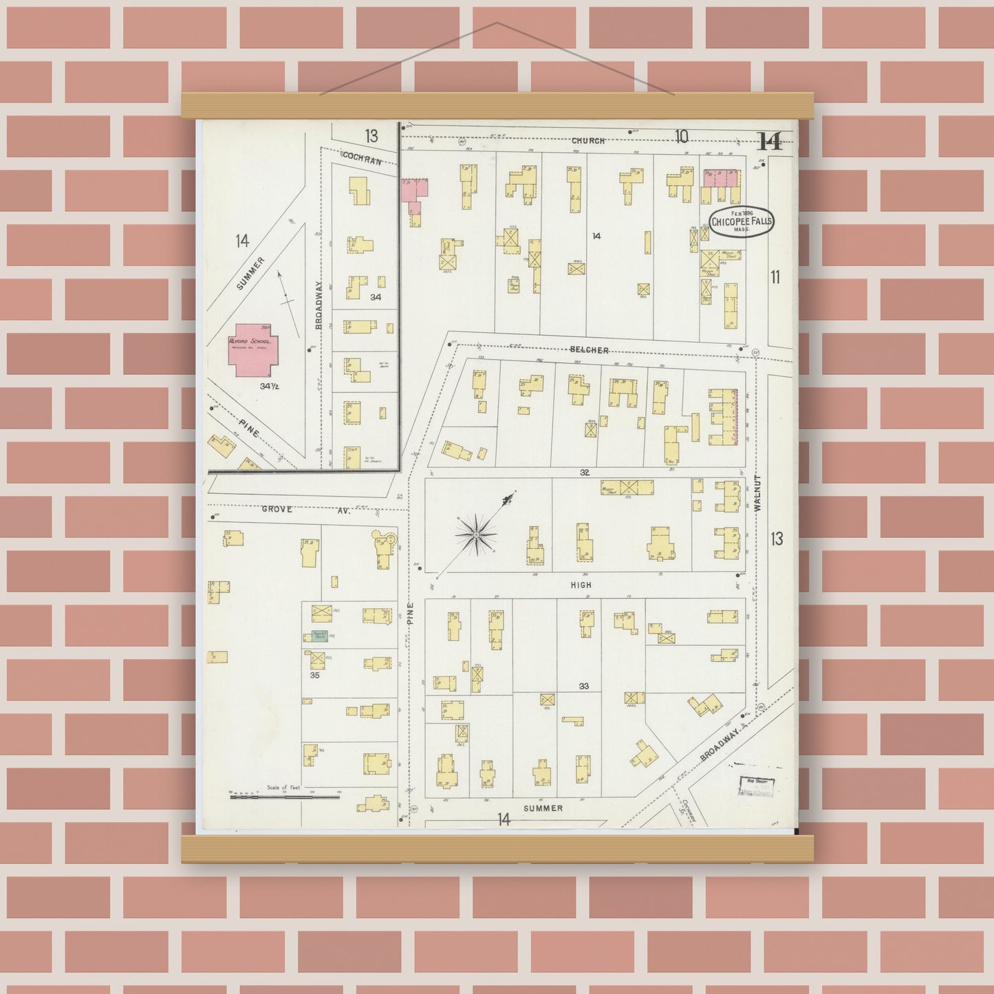 Old map wall art mockup — magnetic wood frame on brick wall — Sanborn Fire Insurance Map from Chicopee, Hampden County, Massachusetts (1896), Sheet #0014