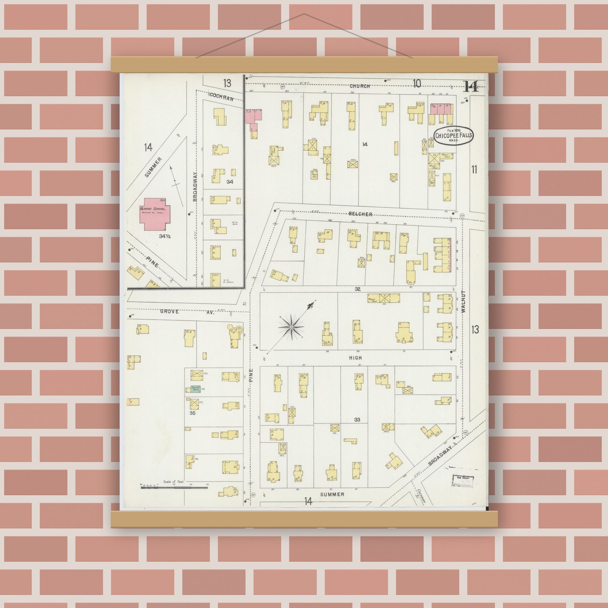 Old map wall art mockup — magnetic wood frame on brick wall — Sanborn Fire Insurance Map from Chicopee, Hampden County, Massachusetts (1896), Sheet #0014