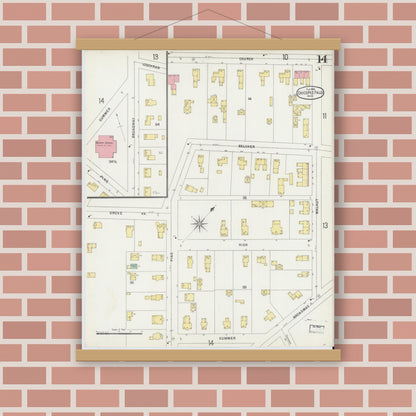 Old map wall art mockup — magnetic wood frame on brick wall — Sanborn Fire Insurance Map from Chicopee, Hampden County, Massachusetts (1896), Sheet #0014