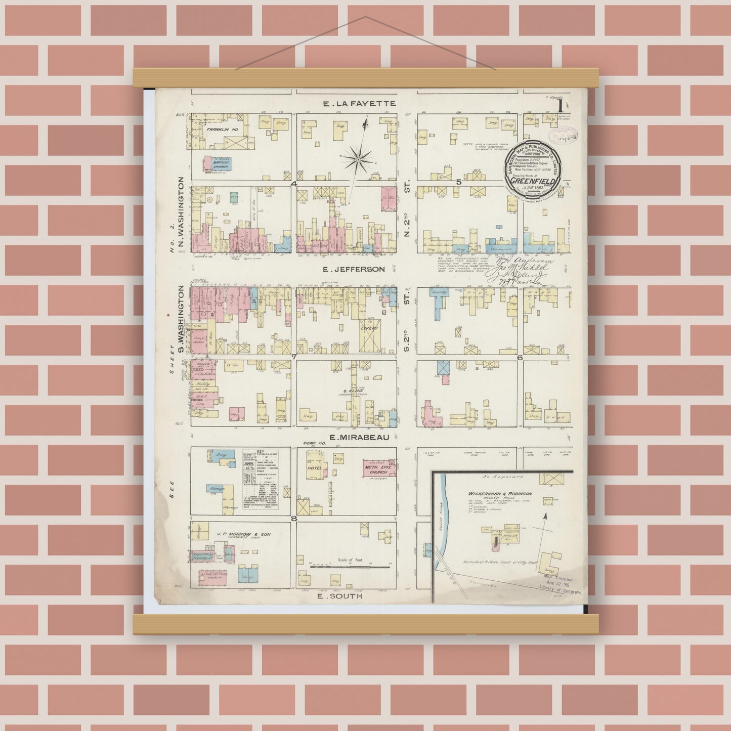 Old map wall art mockup — magnetic wood frame on brick wall — Sanborn Fire Insurance Map from Greenfield, Highland County, Ohio (1885), Sheet #0001