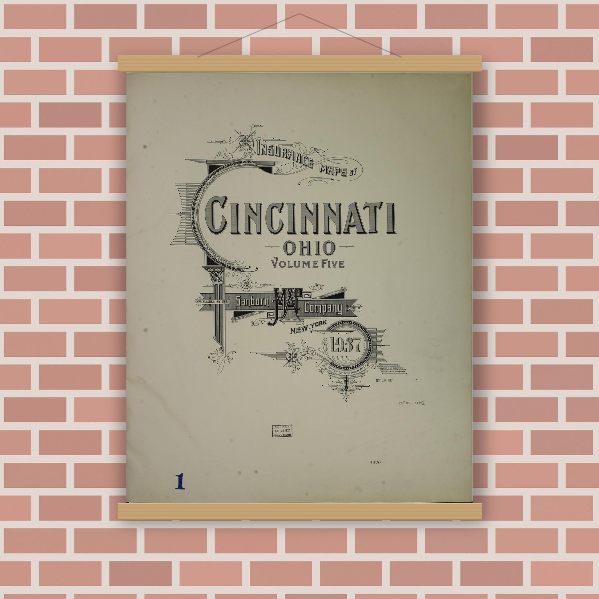 Old map wall art mockup — magnetic wood frame on brick wall — Sanborn Fire Insurance Map from Cincinnati, Hamilton County, Ohio (1937), Sheet #0001