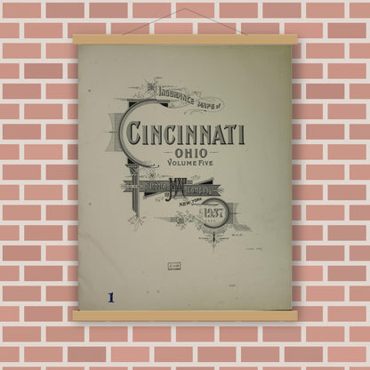 Old map wall art mockup — magnetic wood frame on brick wall — Sanborn Fire Insurance Map from Cincinnati, Hamilton County, Ohio (1937), Sheet #0001