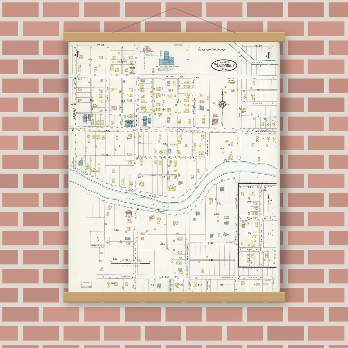 Old map wall art mockup — magnetic wood frame on brick wall — Sanborn Fire Insurance Map from Fort Lauderdale, Broward County, Florida (1924), Sheet #0004