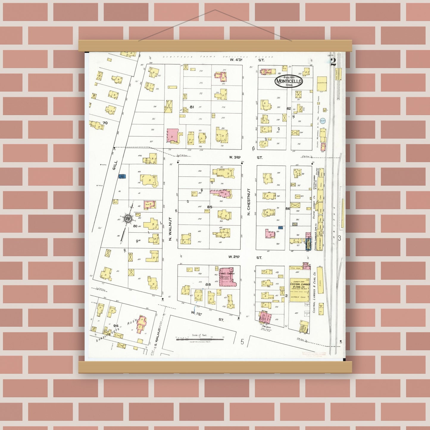 Old map wall art mockup — magnetic wood frame on brick wall — Sanborn Fire Insurance Map from Monticello, Jones County, Iowa (1921), Sheet #0002