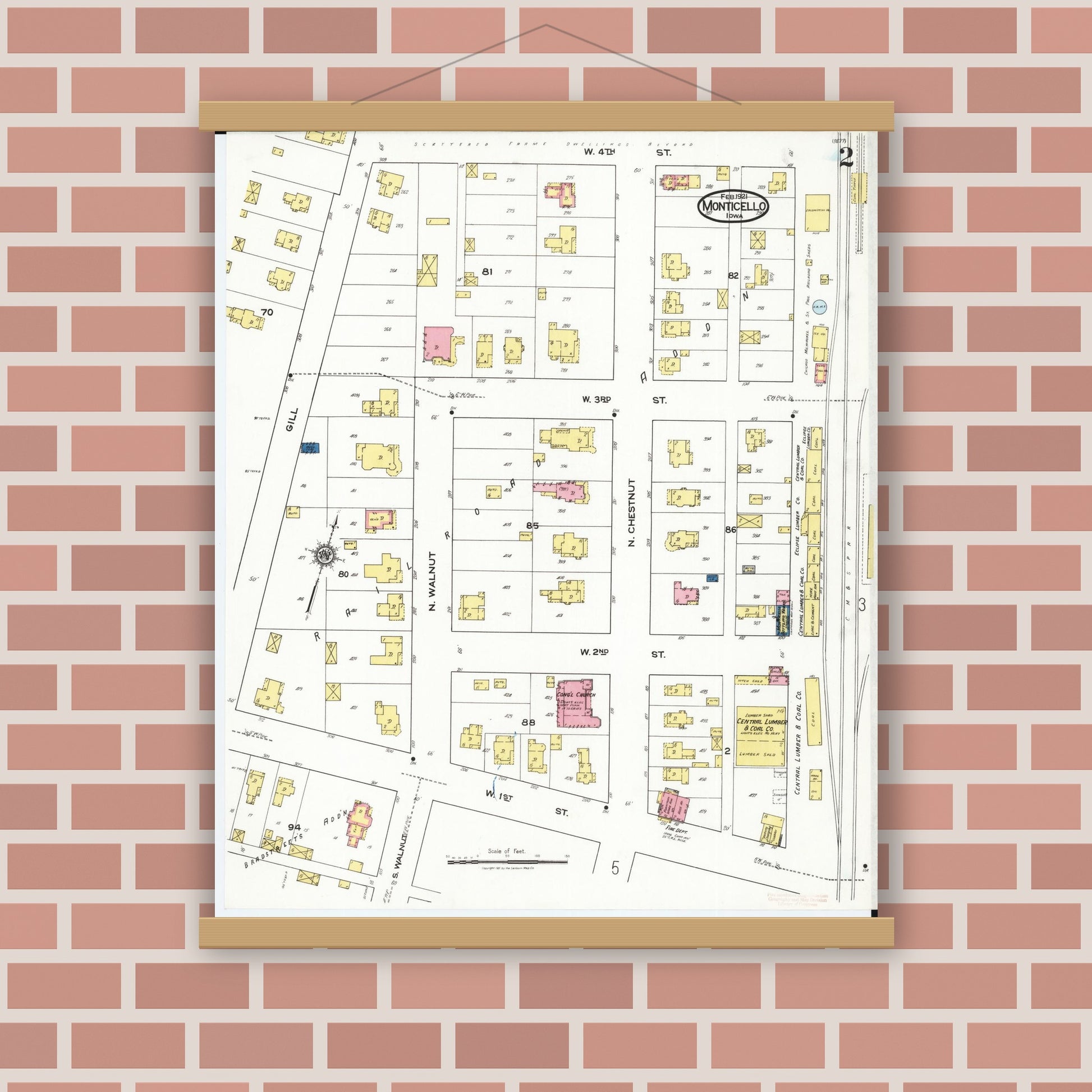 Old map wall art mockup — magnetic wood frame on brick wall — Sanborn Fire Insurance Map from Monticello, Jones County, Iowa (1921), Sheet #0002