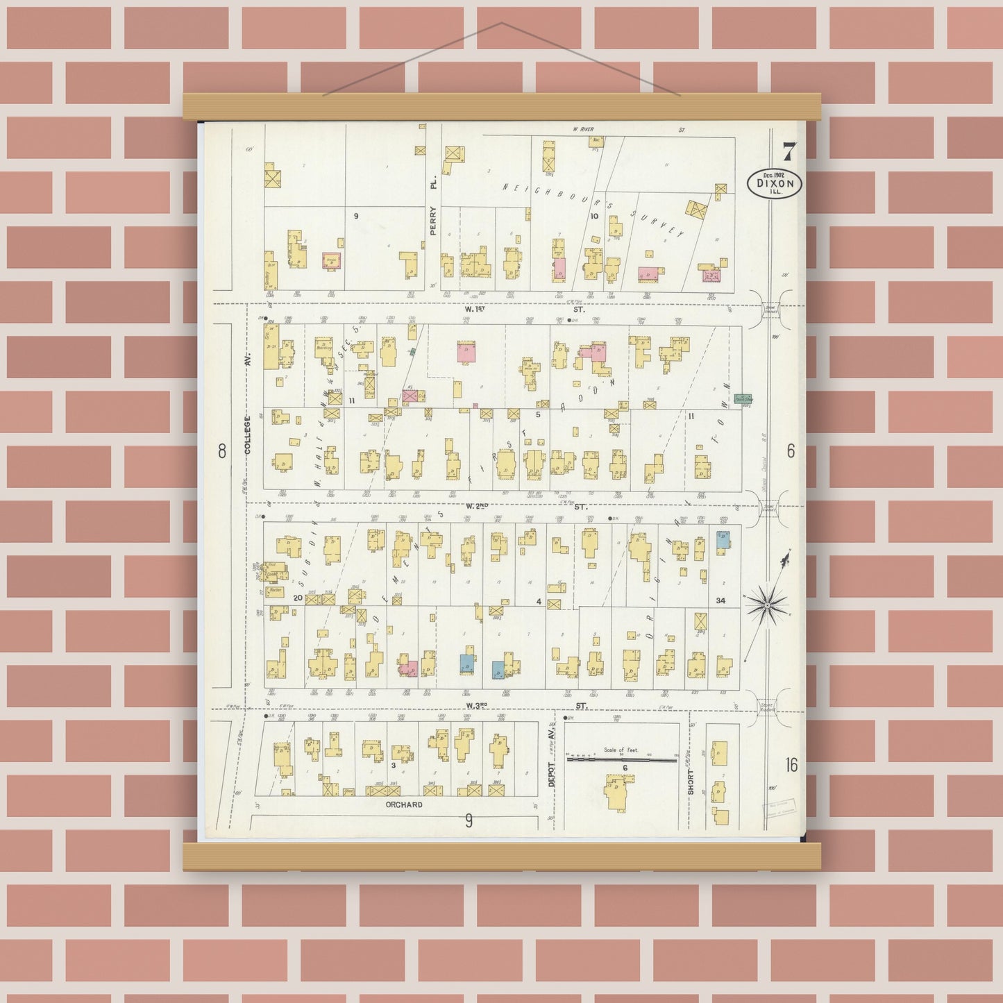 Old map wall art mockup — magnetic wood frame on brick wall — Sanborn Fire Insurance Map from Dixon, Lee County, Illinois (1902), Sheet #0007