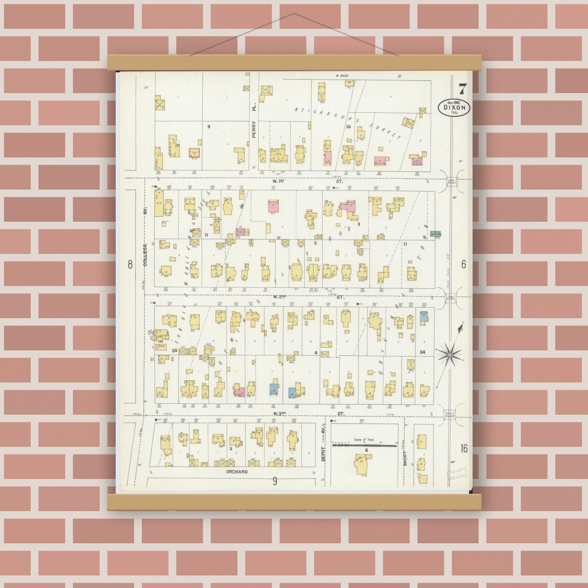 Old map wall art mockup — magnetic wood frame on brick wall — Sanborn Fire Insurance Map from Dixon, Lee County, Illinois (1902), Sheet #0007