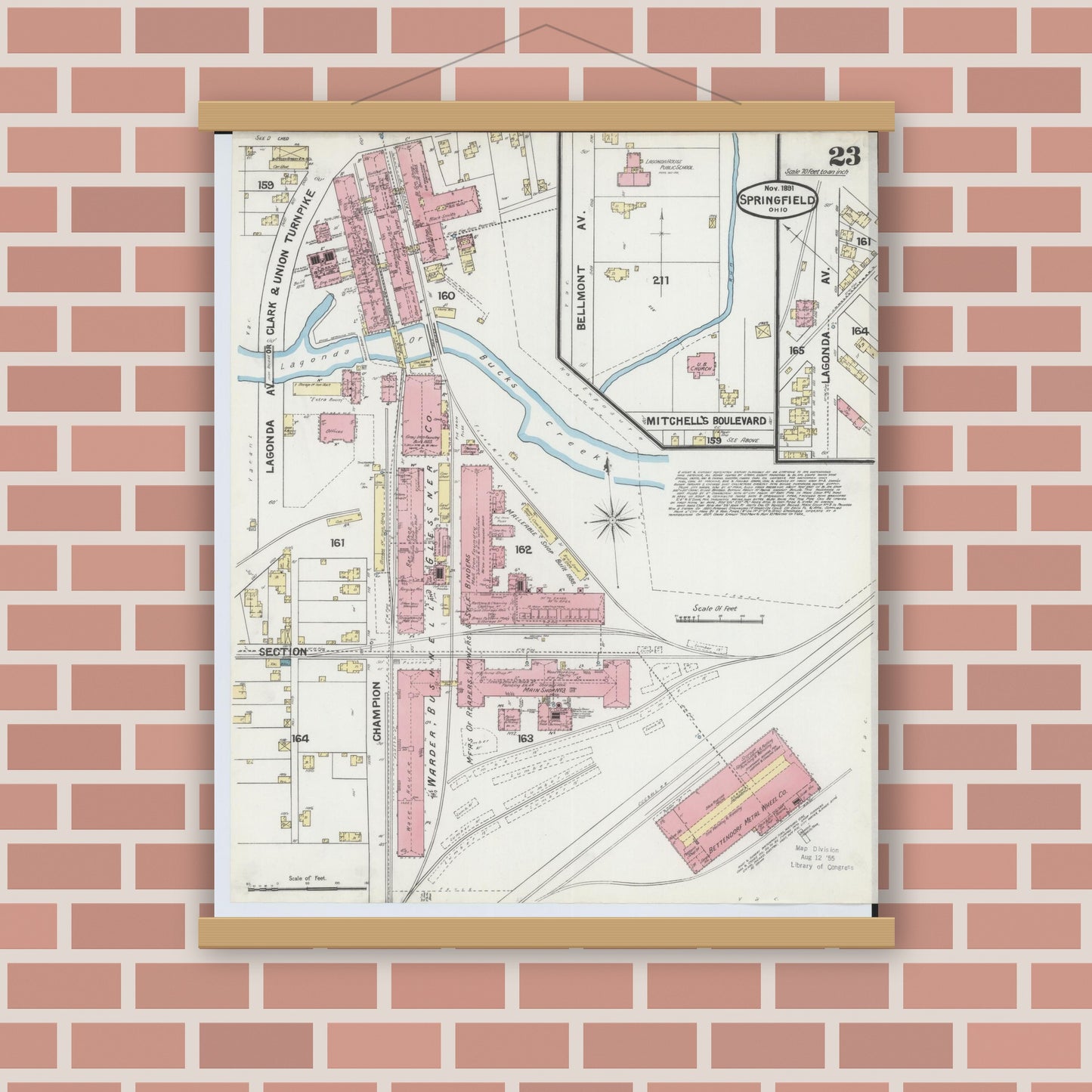 Old map wall art mockup — magnetic wood frame on brick wall — Sanborn Fire Insurance Map from Springfield, Clark County, Ohio (1891), Sheet #0023