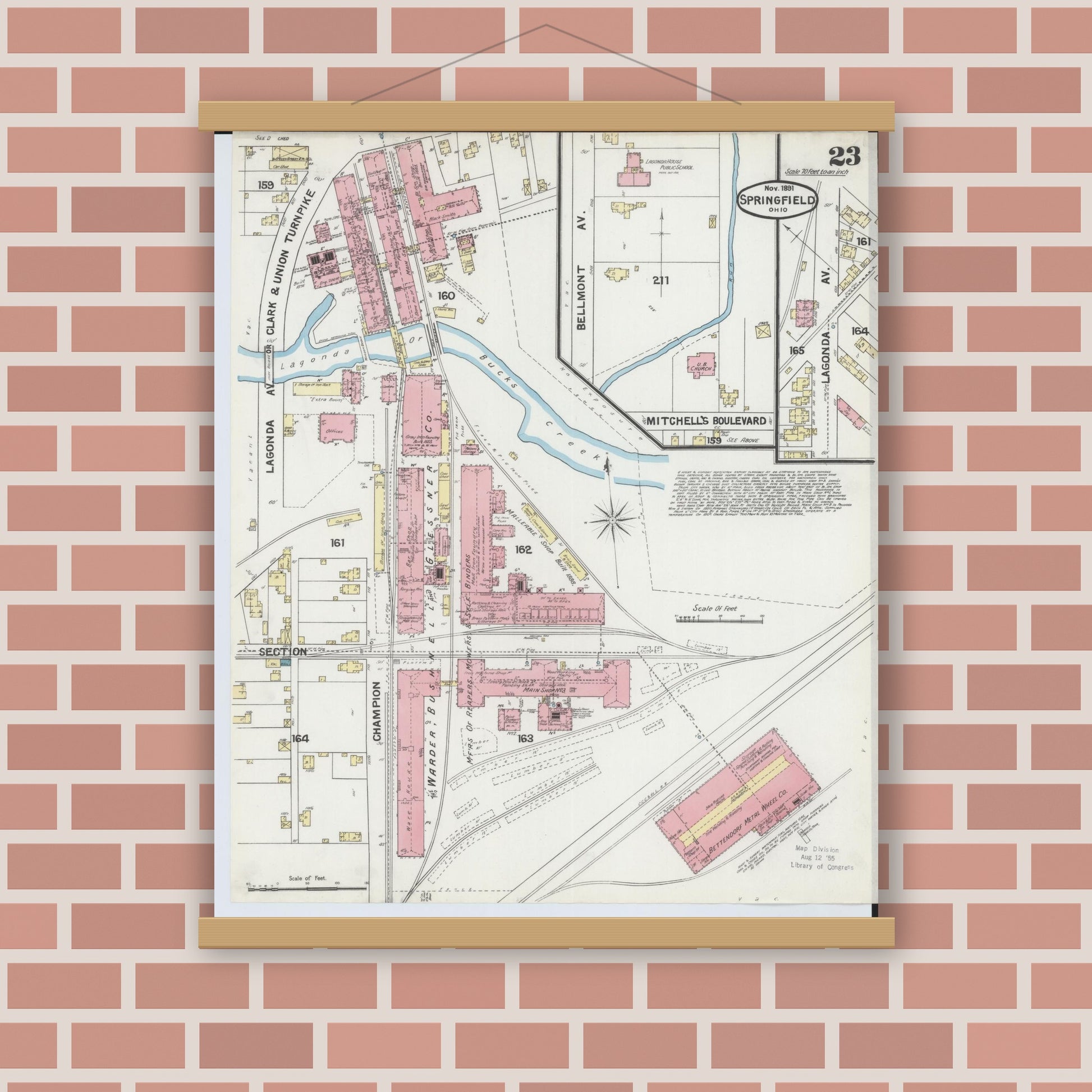 Old map wall art mockup — magnetic wood frame on brick wall — Sanborn Fire Insurance Map from Springfield, Clark County, Ohio (1891), Sheet #0023