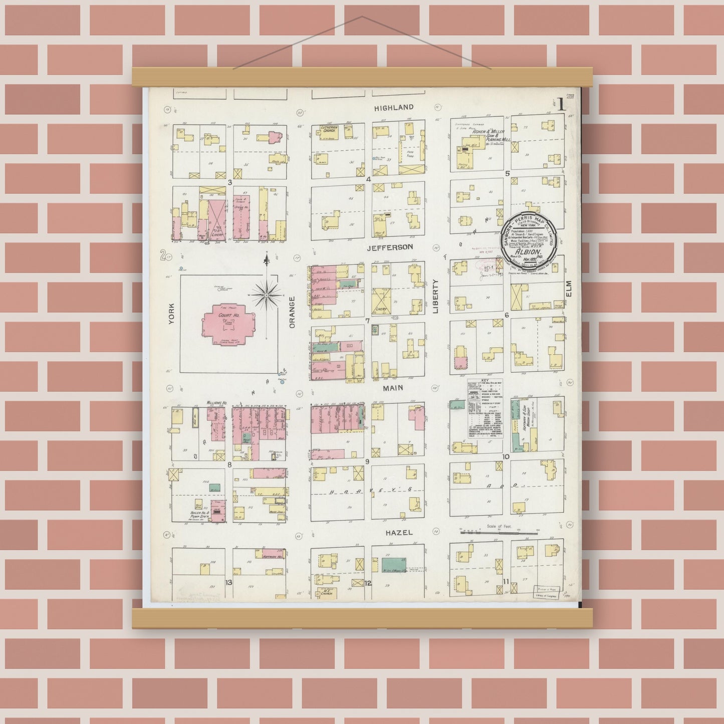 Old map wall art mockup — magnetic wood frame on brick wall — Sanborn Fire Insurance Map from Albion, Noble County, Indiana (1892) - Complete Map Set