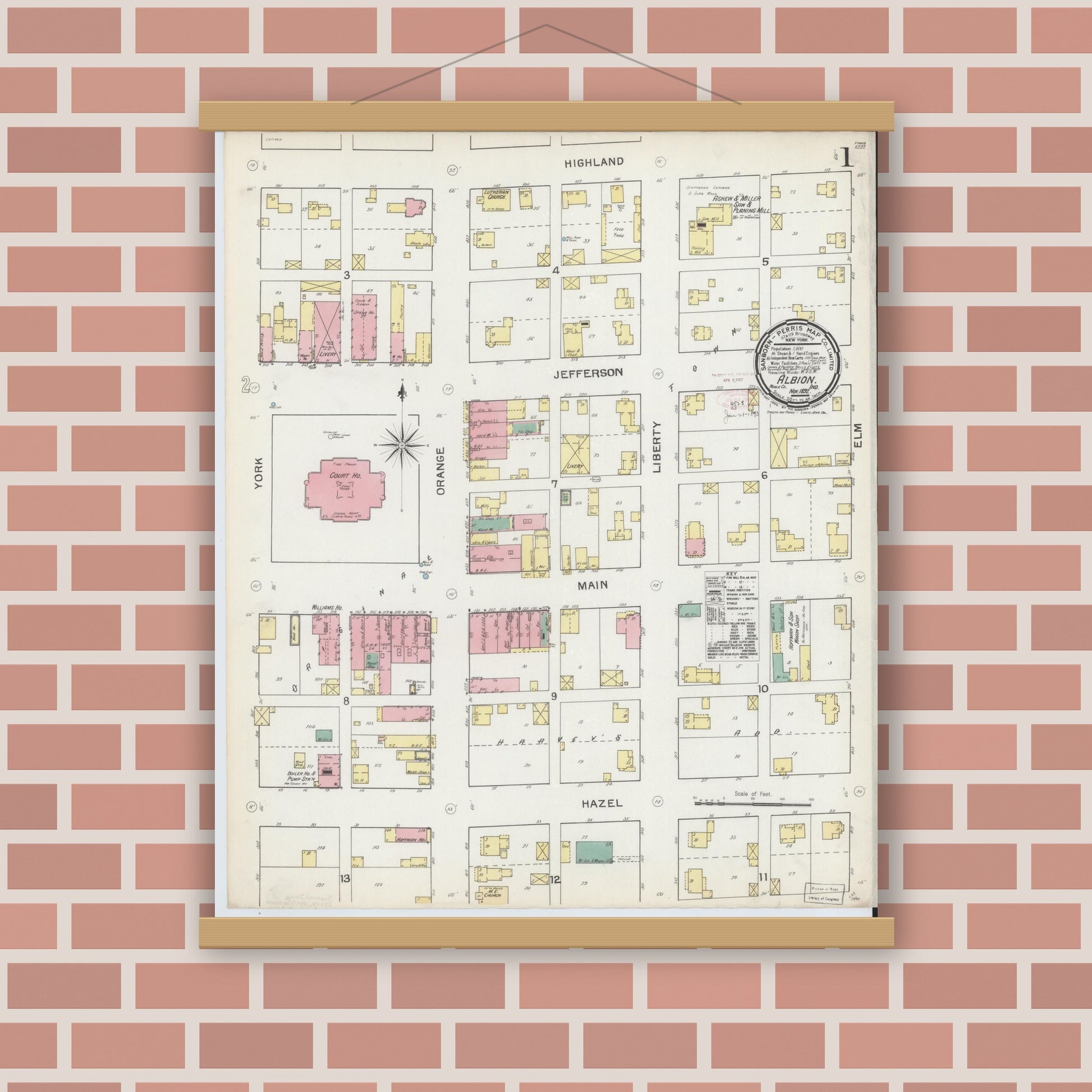 Old map wall art mockup — magnetic wood frame on brick wall — Sanborn Fire Insurance Map from Albion, Noble County, Indiana (1892) - Complete Map Set