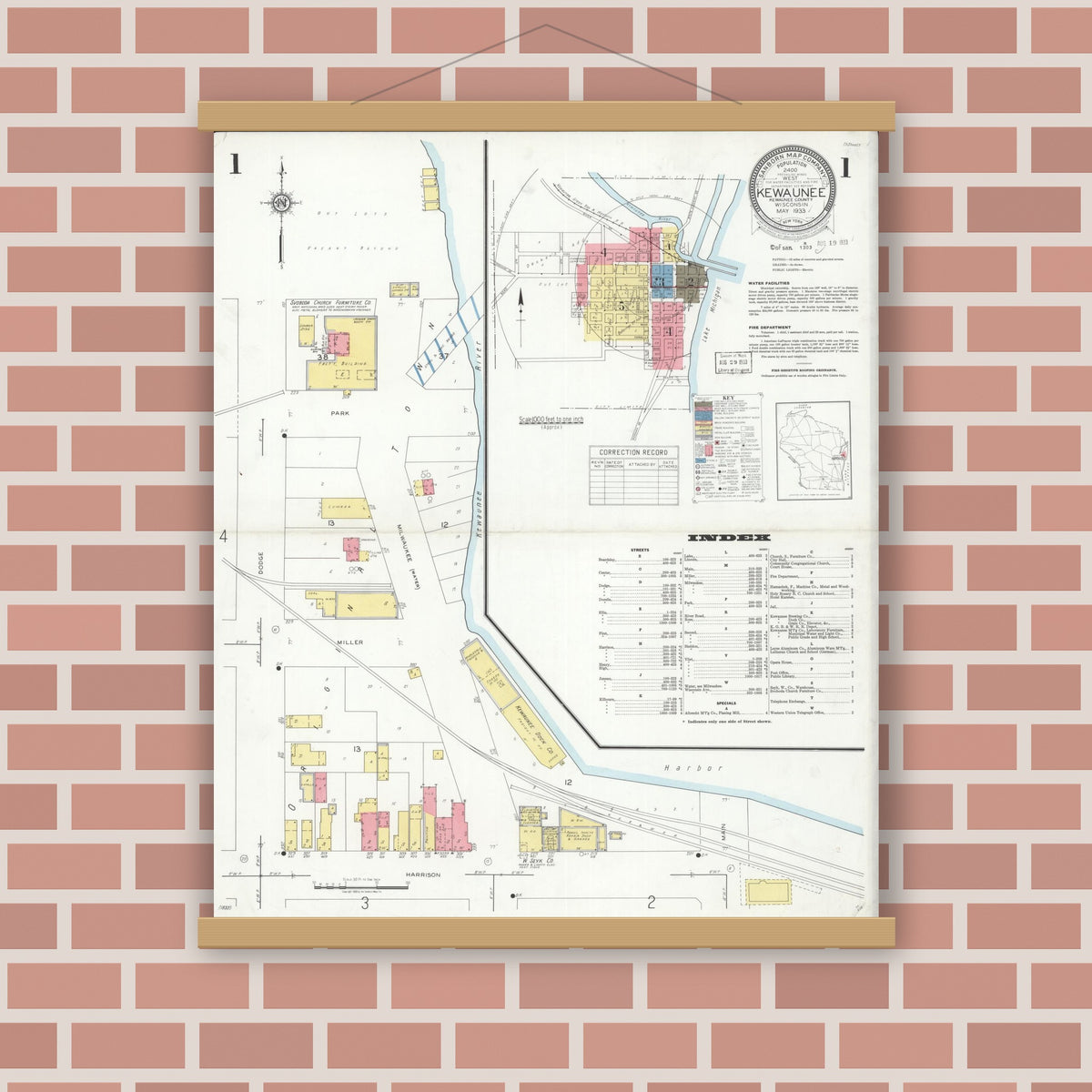 Old map wall art mockup — magnetic wood frame on brick wall — Sanborn Fire Insurance Map from Kewaunee, Kewaunee County, Wisconsin (1933) - Complete Map Set