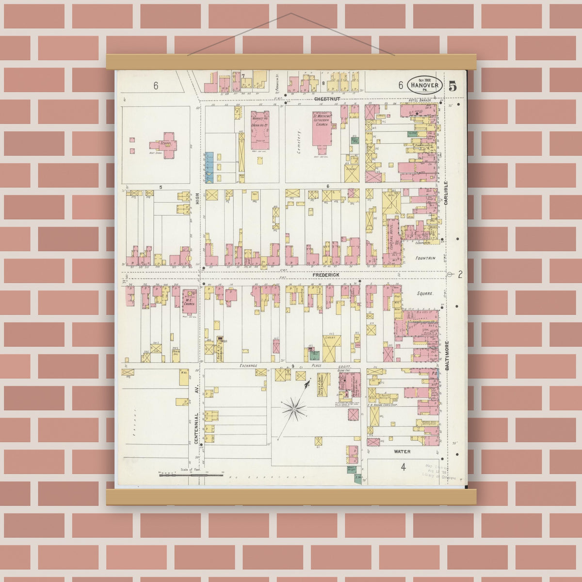Old map wall art mockup — magnetic wood frame on brick wall — Sanborn Fire Insurance Map from Hanover, York County, Pennsylvania (1902), Sheet #0005