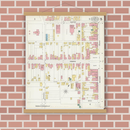 Old map wall art mockup — magnetic wood frame on brick wall — Sanborn Fire Insurance Map from Hanover, York County, Pennsylvania (1902), Sheet #0005