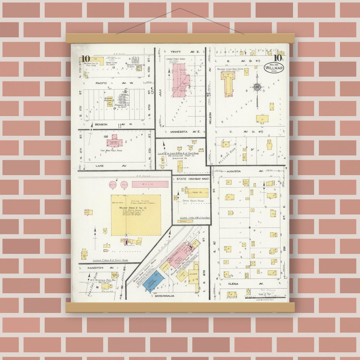 Old map wall art mockup — magnetic wood frame on brick wall — Sanborn Fire Insurance Map from Willmar, Kandiyohi County, Minnesota (1925), Sheet #0010