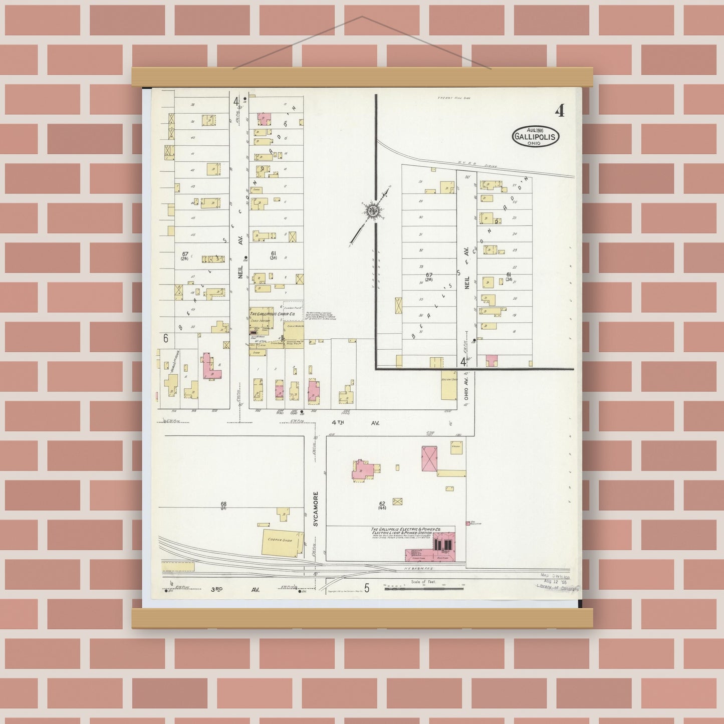 Old map wall art mockup — magnetic wood frame on brick wall — Sanborn Fire Insurance Map from Gallipolis, Gallia County, Ohio (1916), Sheet #0004