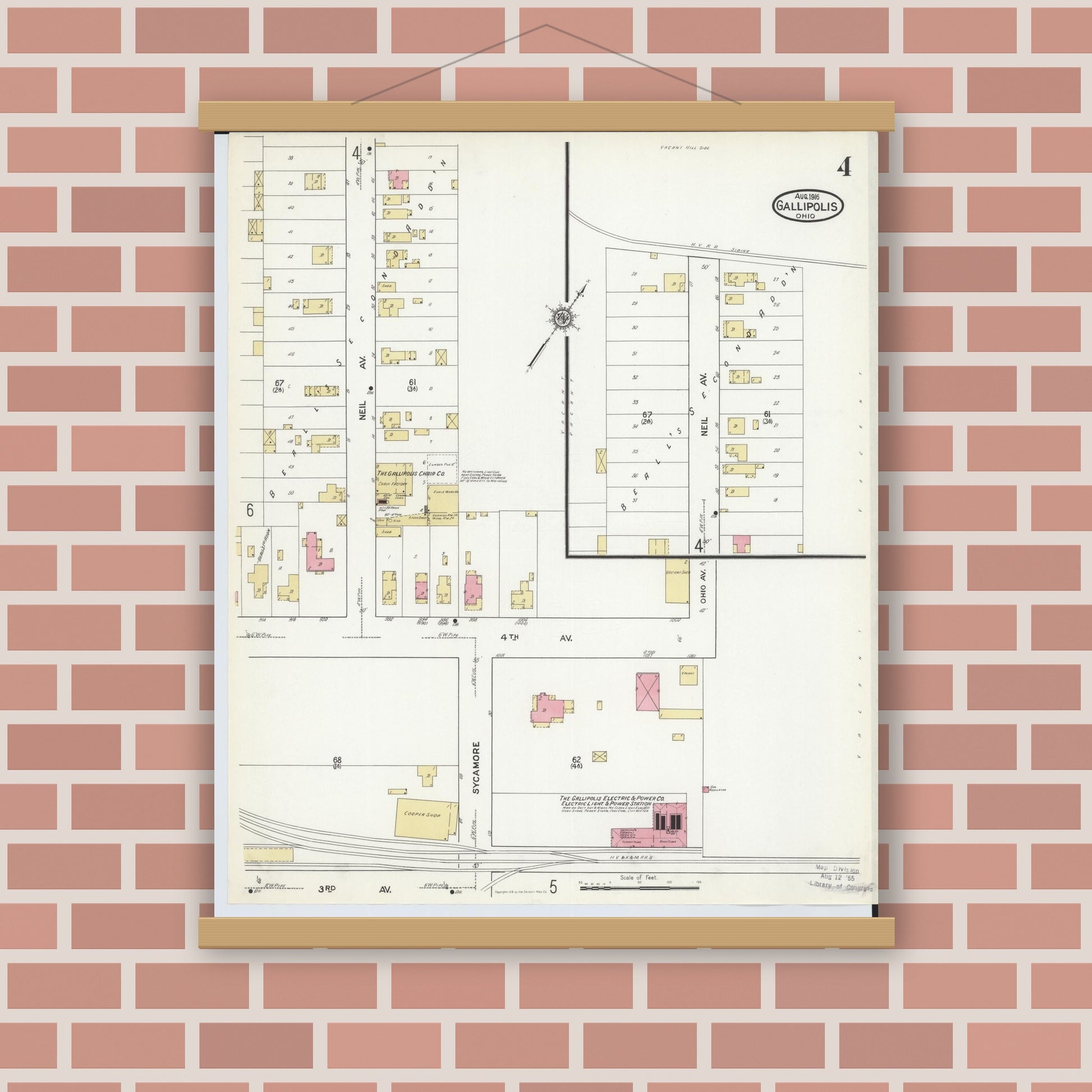 Old map wall art mockup — magnetic wood frame on brick wall — Sanborn Fire Insurance Map from Gallipolis, Gallia County, Ohio (1916), Sheet #0004