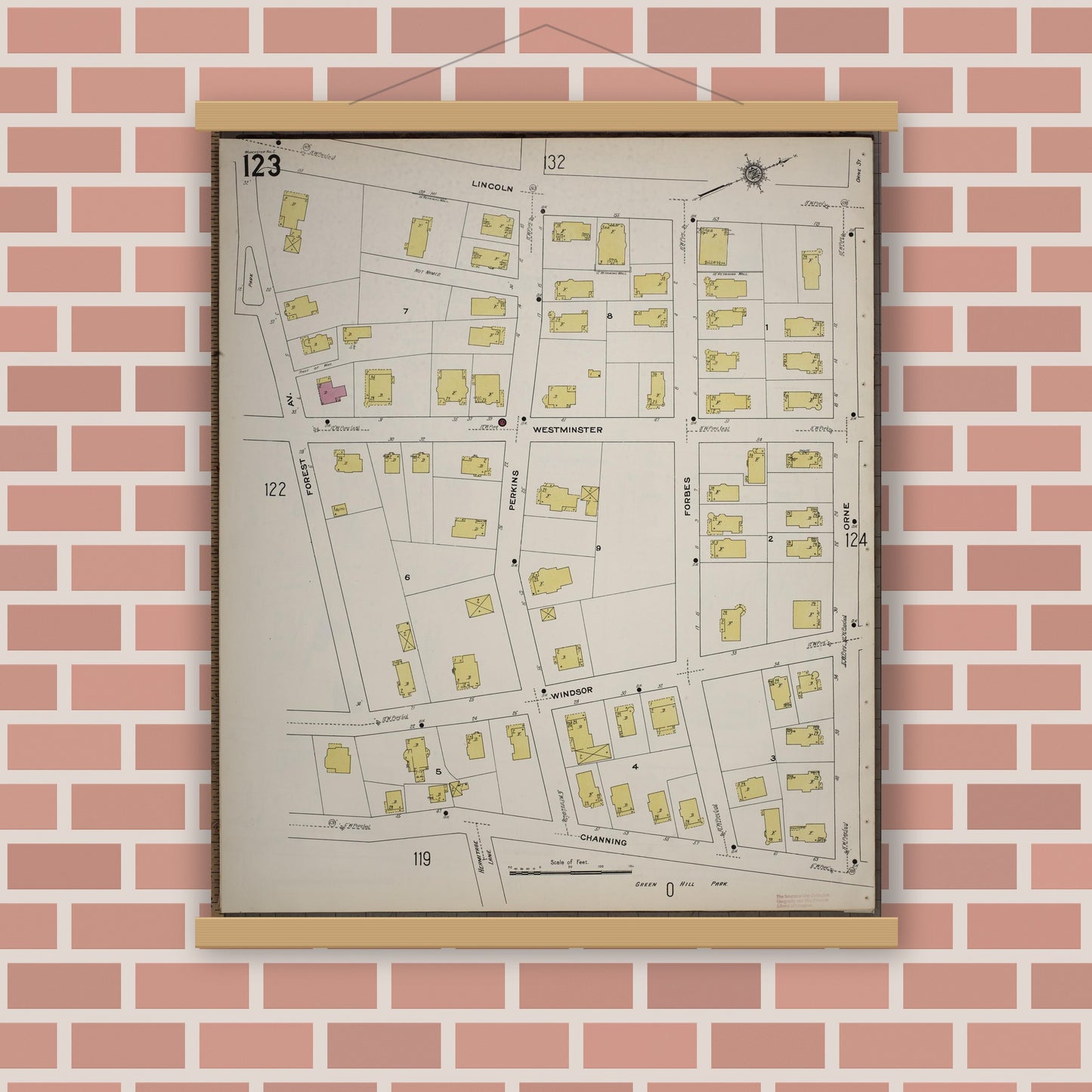Old map wall art mockup — magnetic wood frame on brick wall — Sanborn Fire Insurance Map from Worcester, Worcester County, Massachusetts (1910), Sheet #0123