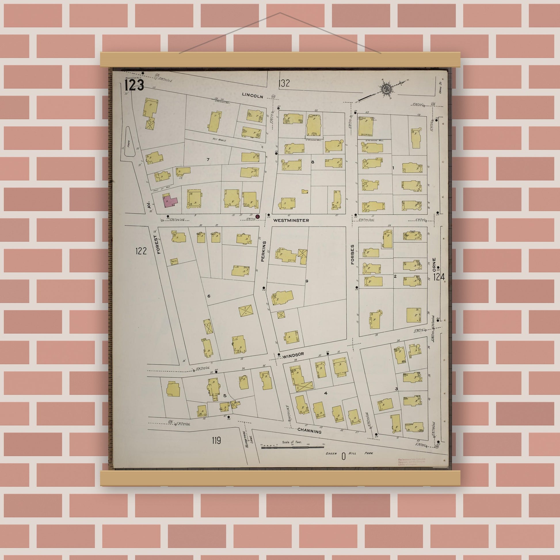 Old map wall art mockup — magnetic wood frame on brick wall — Sanborn Fire Insurance Map from Worcester, Worcester County, Massachusetts (1910), Sheet #0123