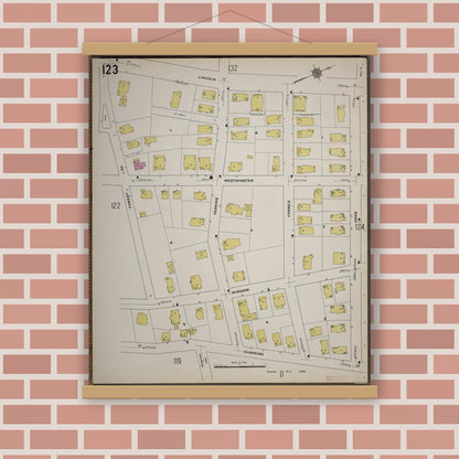 Old map wall art mockup — magnetic wood frame on brick wall — Sanborn Fire Insurance Map from Worcester, Worcester County, Massachusetts (1910), Sheet #0123