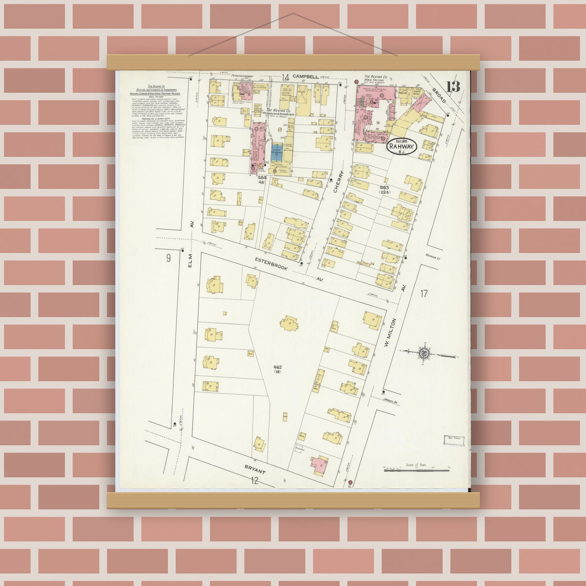Old map wall art mockup — magnetic wood frame on brick wall — Sanborn Fire Insurance Map from Rahway, Union County, New Jersey (1915), Sheet #0013