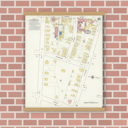 Old map wall art mockup — magnetic wood frame on brick wall — Sanborn Fire Insurance Map from Rahway, Union County, New Jersey (1915), Sheet #0013