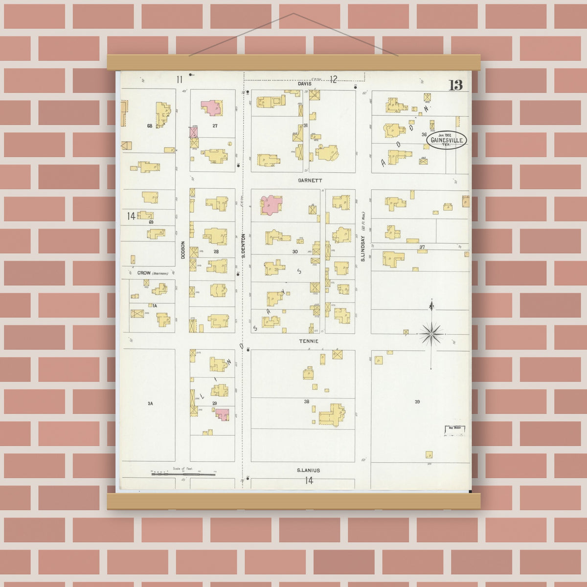 Old map wall art mockup — magnetic wood frame on brick wall — Sanborn Fire Insurance Map from Gainesville, Cooke County, Texas (1902), Sheet #0013