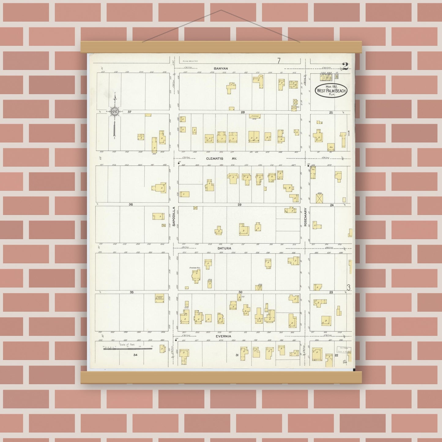 Old map wall art mockup — magnetic wood frame on brick wall — Sanborn Fire Insurance Map from West Palm Beach, Dade County, Florida (1912), Sheet #0002
