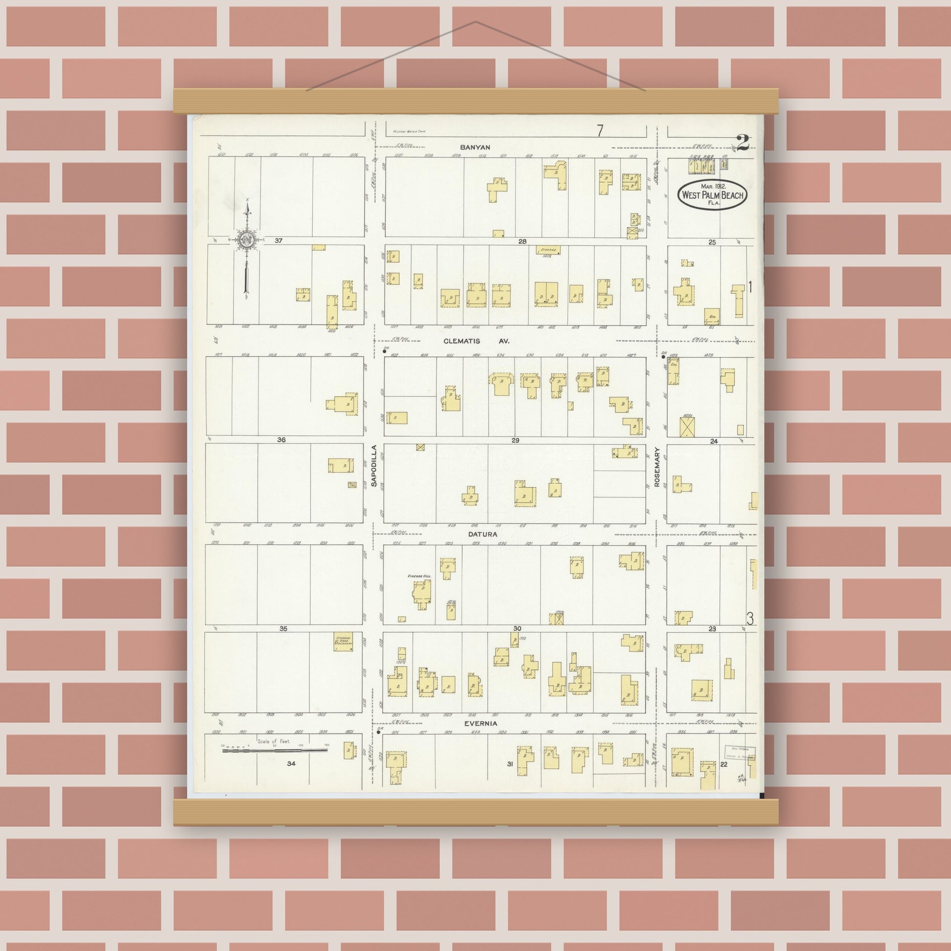 Old map wall art mockup — magnetic wood frame on brick wall — Sanborn Fire Insurance Map from West Palm Beach, Dade County, Florida (1912), Sheet #0002