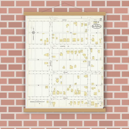 Old map wall art mockup — magnetic wood frame on brick wall — Sanborn Fire Insurance Map from West Palm Beach, Dade County, Florida (1912), Sheet #0002