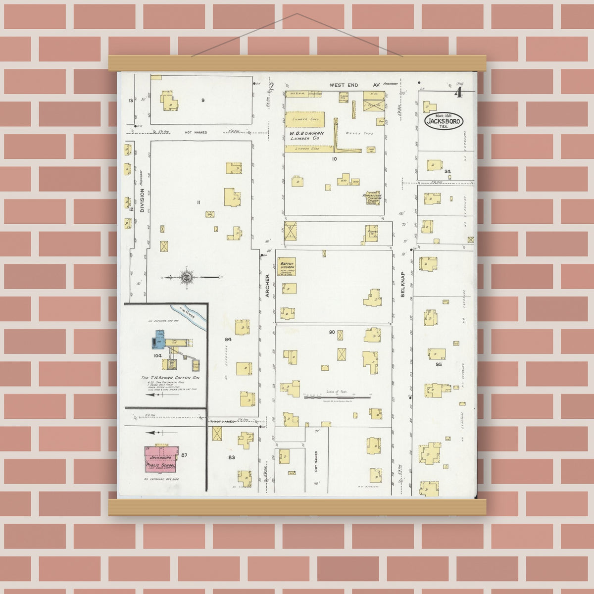 Old map wall art mockup — magnetic wood frame on brick wall — Sanborn Fire Insurance Map from Jacksboro, Jack County, Texas (1921), Sheet #0004