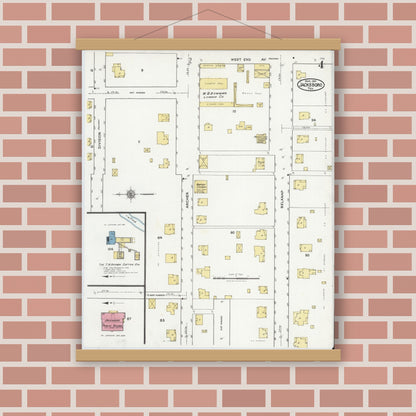 Old map wall art mockup — magnetic wood frame on brick wall — Sanborn Fire Insurance Map from Jacksboro, Jack County, Texas (1921), Sheet #0004
