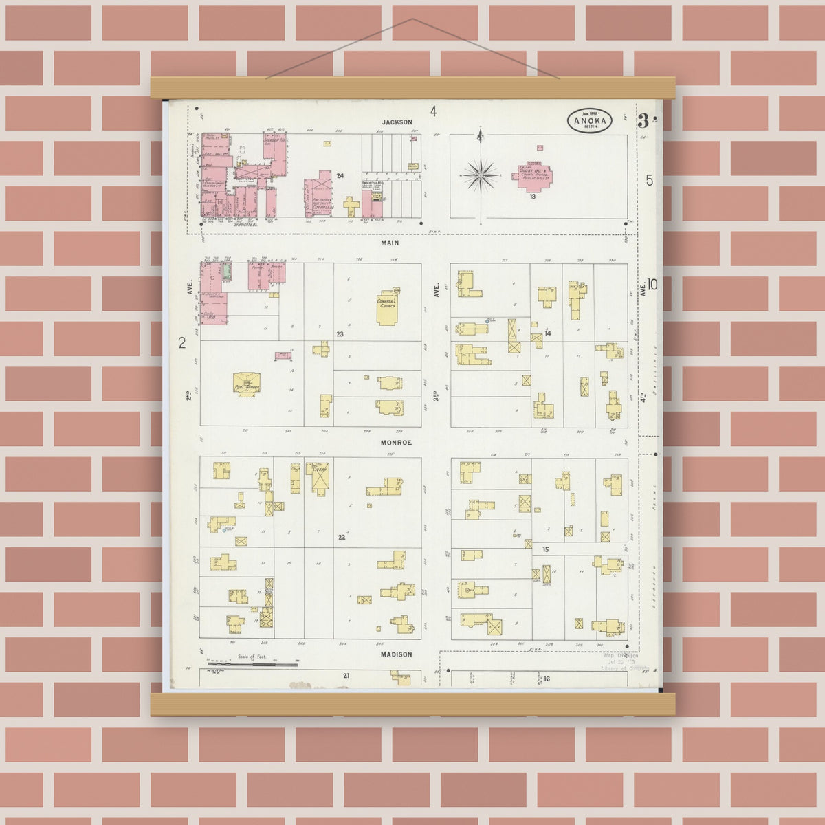 Old map wall art mockup — magnetic wood frame on brick wall — Sanborn Fire Insurance Map from Anoka, Anoka County, Minnesota (1898), Sheet #0003