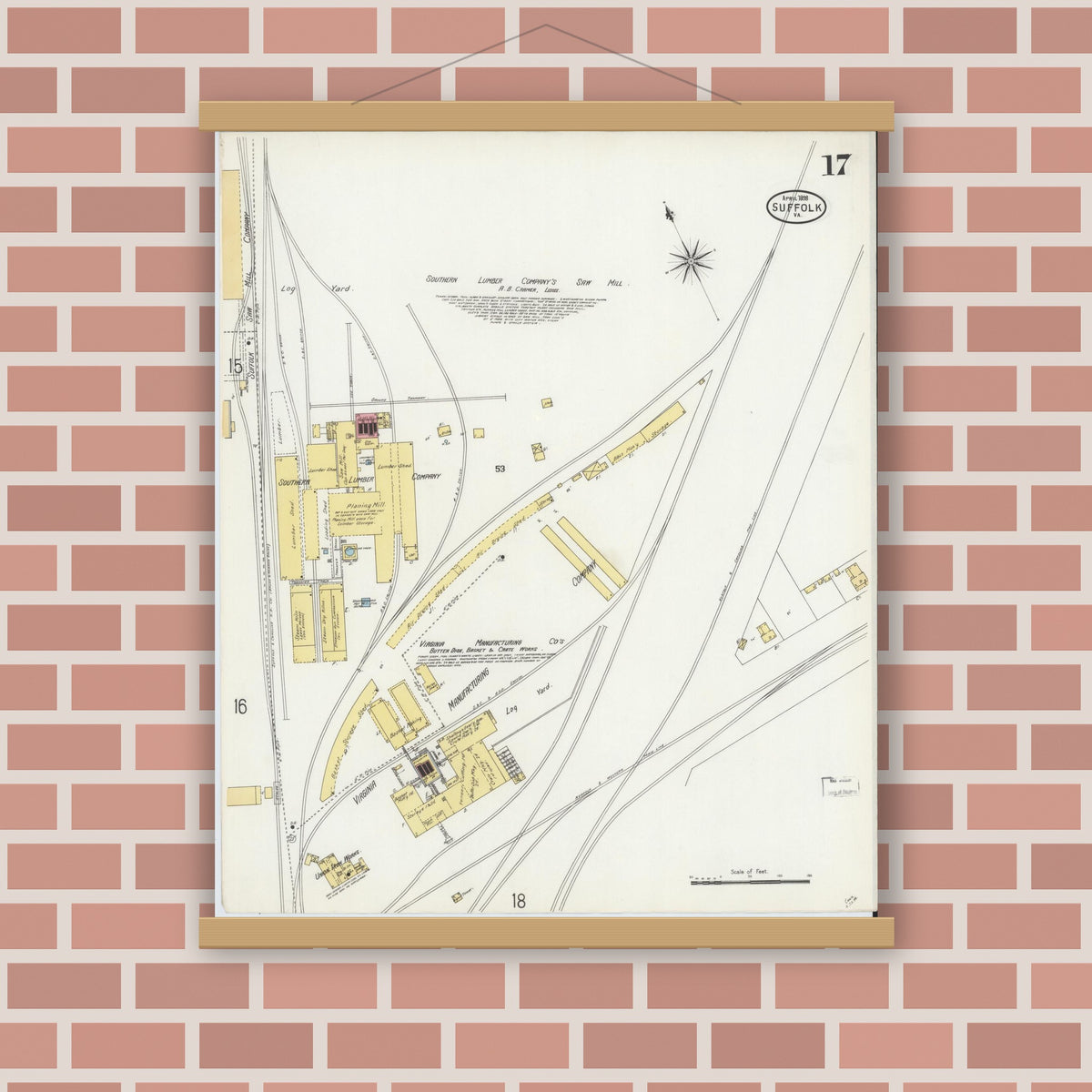Old map wall art mockup — magnetic wood frame on brick wall — Sanborn Fire Insurance Map from Suffolk, Independent Cities, Virginia (1898), Sheet #0017